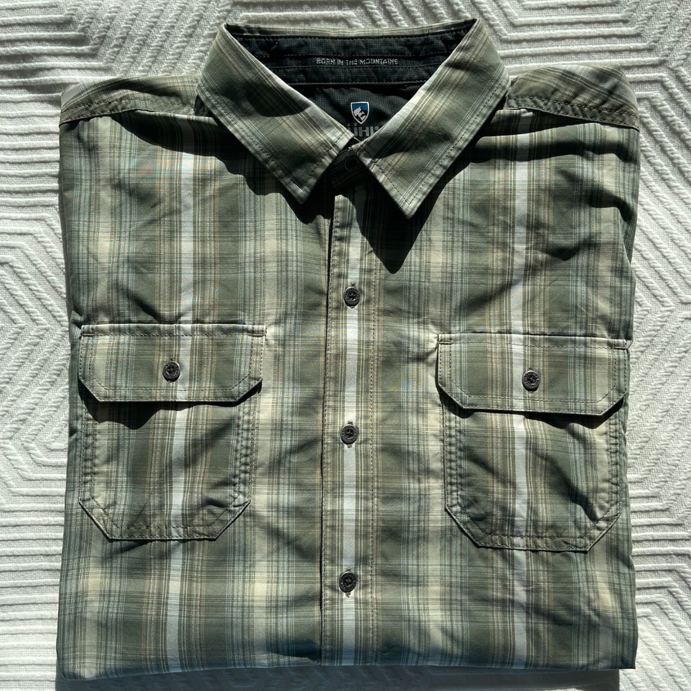Kühl Response Lite Long Sleeve Button Up Plaid Green Lightweight Shirt Large